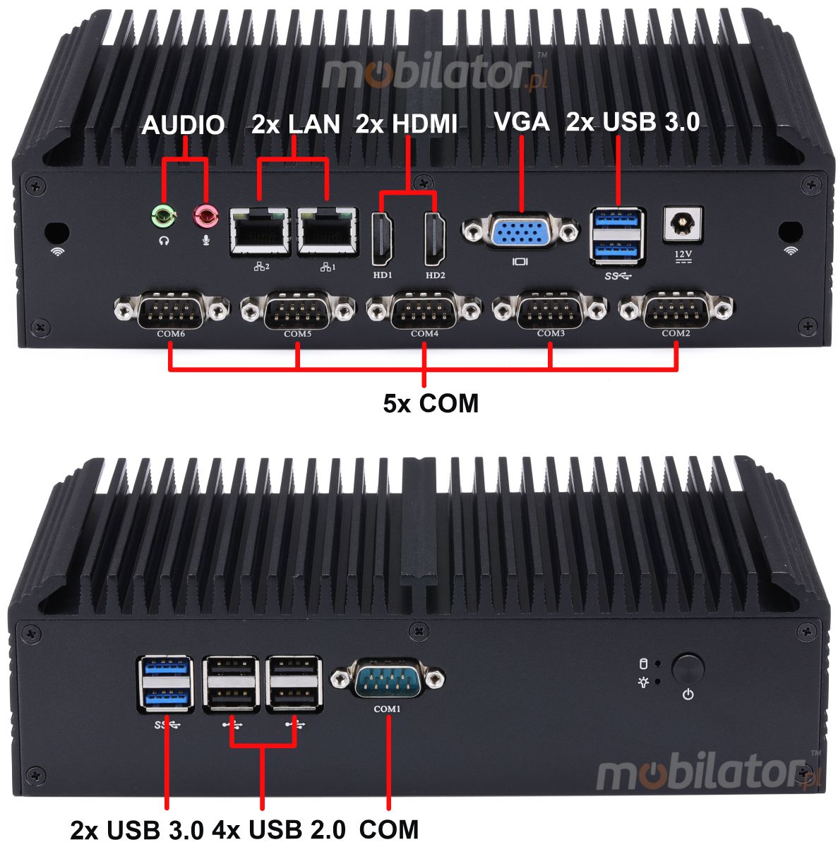 mBox X105 v.6 - wytrzymaly Mini PC z dyskiem HDD o pojemnoci 500GB / 16GB RAM / Wifi + Bluetooth / 2 porty HDMI (6x RS-232, 4x USB 3.0) - Porty/Interfejsy