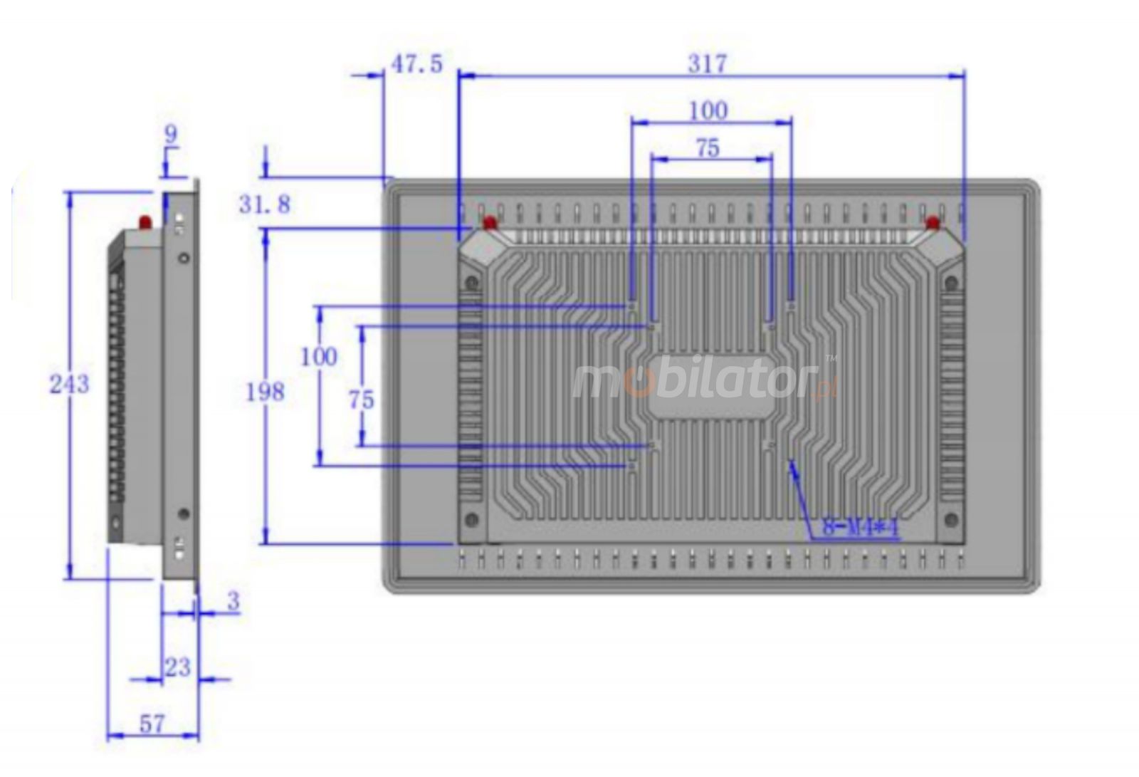  wymiary odpornego komputera panelowego BIBOX-156PC2