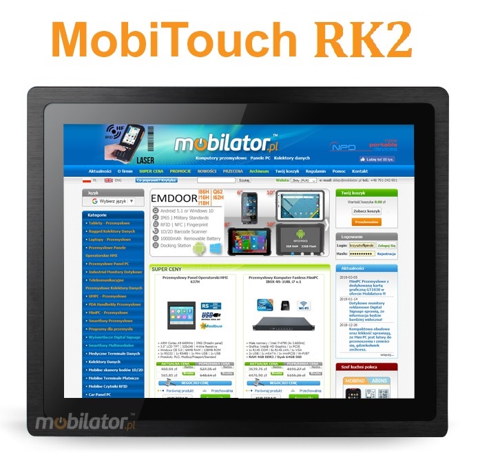 MobiTouch 173RK2 - 17.3 cala wytrzymay dotykowy przemysowy komputer panelowy z systemem Android i norm IP65 na cz przedni obudowy - odporny na zachlapania