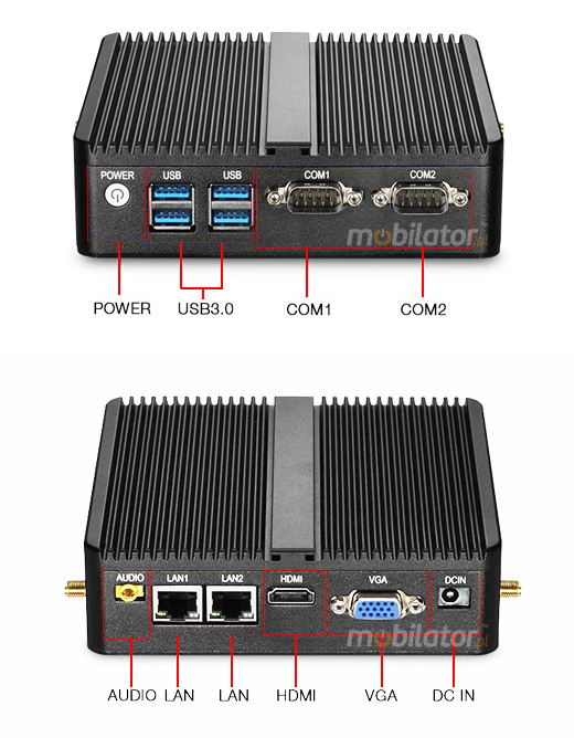 Wzmocniony mini Komputer Przemysowy Fanless MiniPC yBOX GX30 - N2830 Barebone zlacza hdmi vga 1gb/s com rs232 mobilator szybki 2 lan rj45