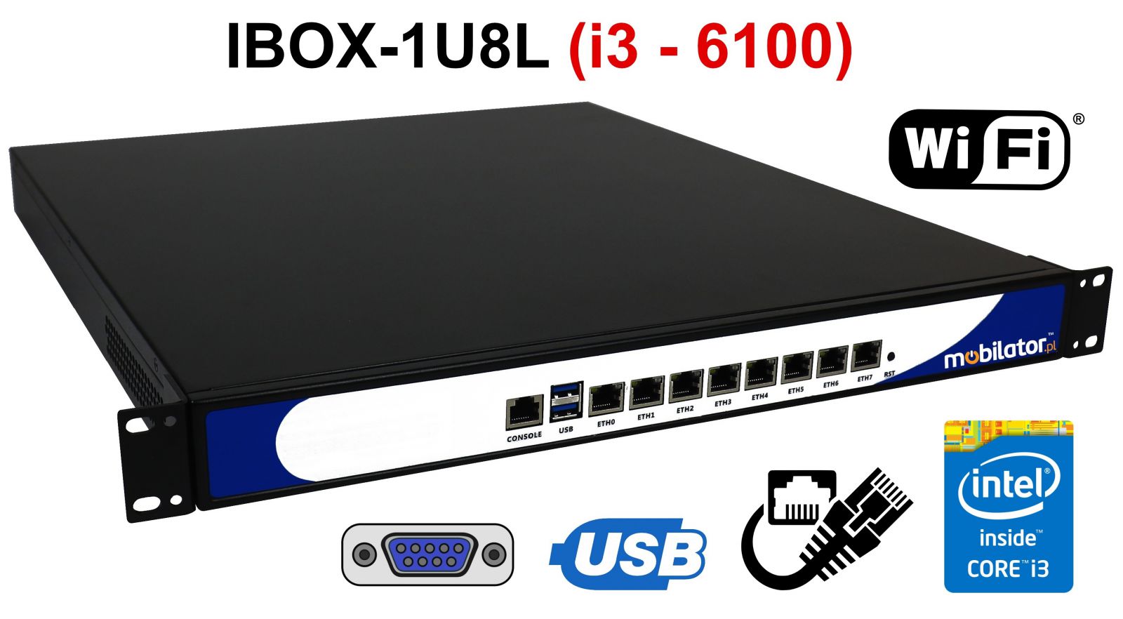 IBOX-1U8L -Nowoczesny komputer przemysowy  fanless 8x LAN do szafy rakowej pasywny vga intel mobilator wzmocniony szybki 8 lan rj45