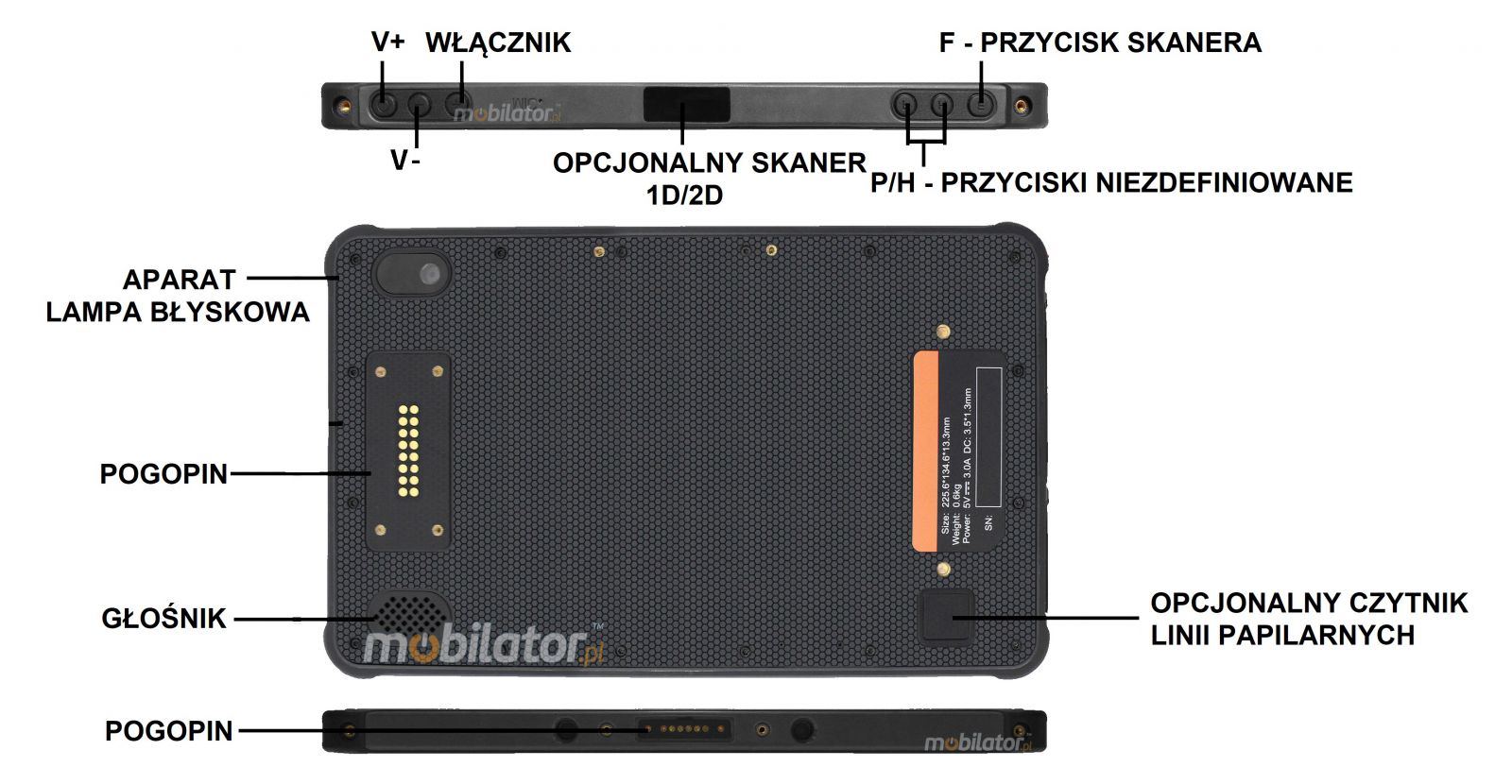 MobiPAD 8TS-5A - Wytrzymay tablet odporny na upadki z UHF RFID (3-4m), ekran dotykowy Full HD 8 cali, Android 11, LTE, procesor 8-rdzeniowy 2.0GHz, pami 4GB RAM, 64GB ROM, norma IP65, wodoszczelny tablet dla logistyki i magazynw