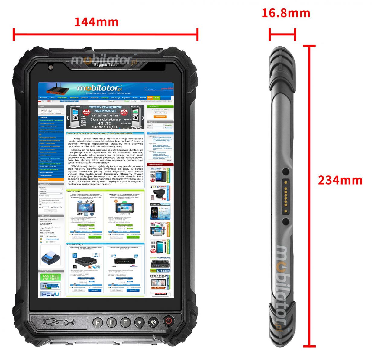 MobiPAD 9TS-5A - wodoodporny tablet przemysowy, ekran 8 cali, 400 nits, Android 11, wytrzymay na upadki i wstrzsy, UHF RFID (3-4m), procesor 8-rdzeniowy 2.0GHz, 4GB RAM, 64GB ROM, IP65, WiFi, Bluetooth, GPS, 4G LTE