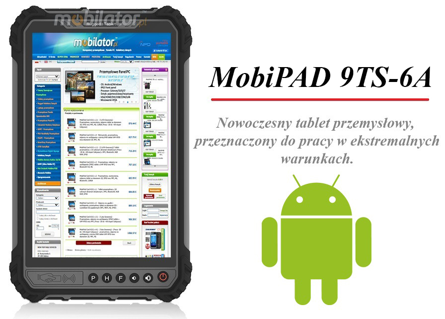 MobiPAD 9TS-6A - Profesjonalny tablet przemysowy z Android 11, wyposaony w 6GB RAM i 128GB ROM. 8-calowy ekran 1280x800 o jasnoci 1000 nits, odporny na wod i py IP66. Wyposaony w skaner 2D Newland N1, modu NFC, LTE 4G, Bluetooth, WiFi oraz bateri 10000mAh.