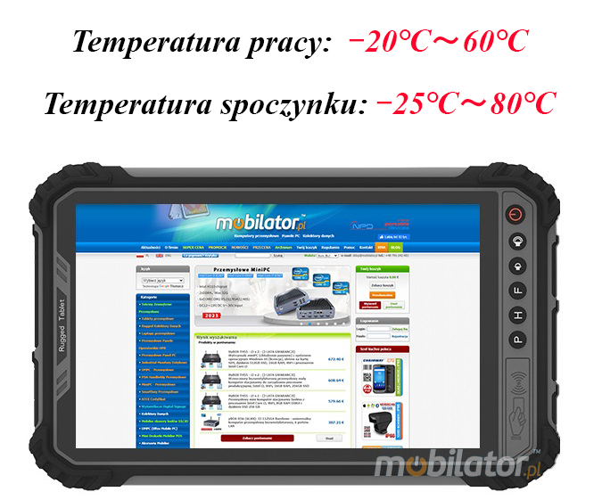 MobiPAD 9TS-J - wzmocniony tablet do pracy w terenie z UHF RFID 3-4 metry, procesor Intel Celeron N4500 2x2.8GHz, Windows 10, 8 calowy ekran dotykowy, 4GB RAM, 64GB ROM, IP65, odporny na upadki z 1,2 metra, odporny na wysokie i niskie temperatury