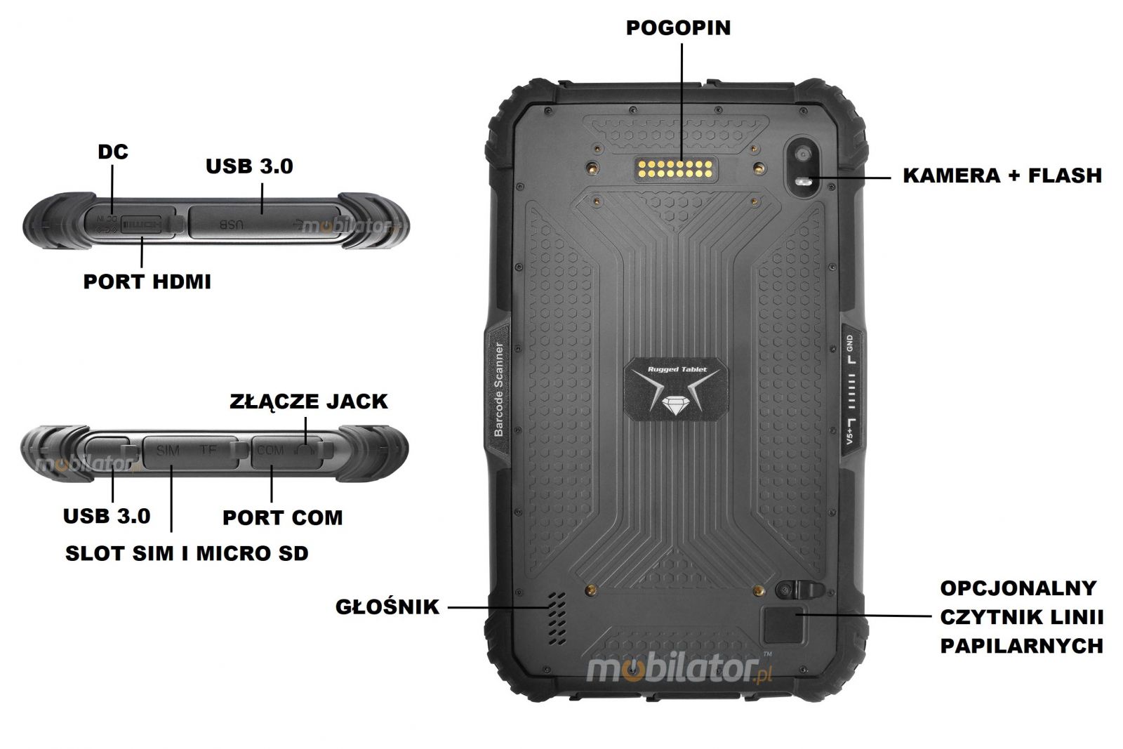 MobiPAD 9TS-J - przemysowy tablet z GPS o wysokiej precyzji, UHF RFID 3-4 metry, skaner 2D Newland N1, NFC, czytnik linii papilarnych, Intel Celeron N4500 2x2.8GHz, Windows 10, ekran dotykowy 8 cali, 4GB RAM, 64GB ROM, IP65, odporny na upadki z 1,2 metra