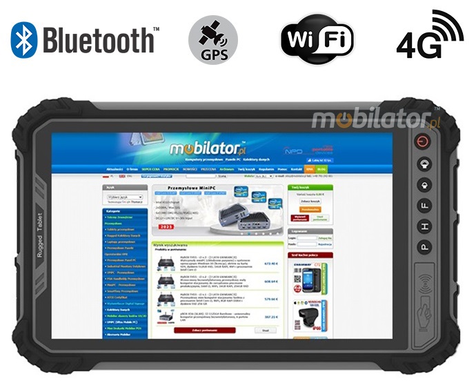 MobiPAD 9TS-J - wzmocniony tablet odporny na upadki z GPS wysokiej precyzji, UHF RFID 3-4 metry i NFC, procesor Intel Celeron N4500 2x2.8GHz, Windows 10, 8 calowy ekran dotykowy, 4GB RAM, 64GB ROM, IP65, idealny do pracy w terenie, odporny na skrajne temperatury