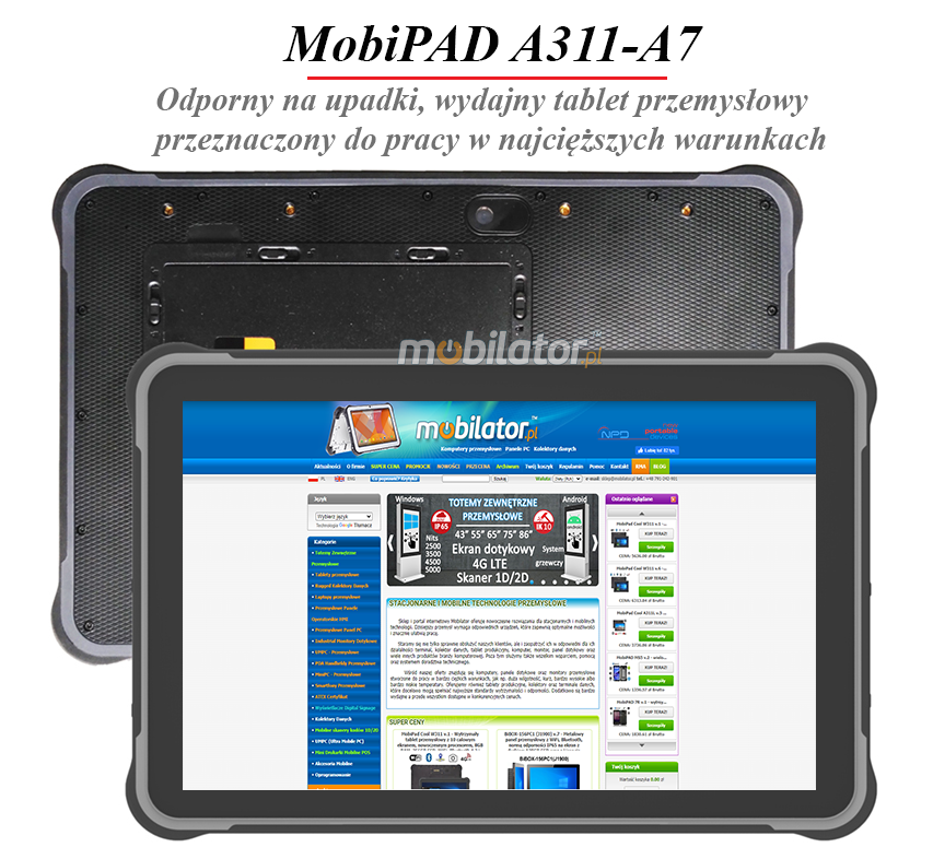 MobiPAD A311-A7 - wydajny tablet przemysowy, 8GB RAM, 256GB ROM, norm IP67, NFC, Bluetooth 5.0, procesor MT6789 - 8 x 2.2 GHz, 4G LTE, Android 13.0, 10.1 cala, 1920x1200, 450 nits, UHF RFID 865-868MHz (3-4m)