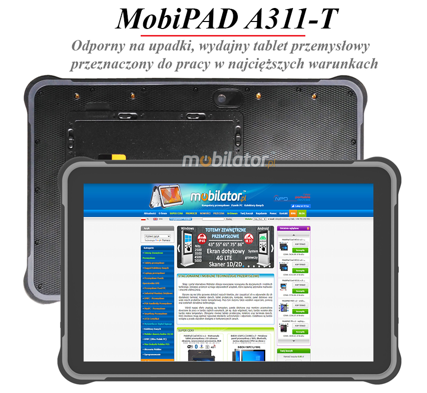 MobiPAD A311-T - zaawansowany tablet przemysowy z Androidem 10, 10.1-calowy ekran 1920x1200, jasno 450 nits, procesor 8x2.0GHz, 8GB RAM, 256GB ROM, wbudowany Skaner 2D Honeywell N3680, NFC, Czytnik linii papilarnych, obsuga 5G, kamery 5mpx/13mpx, Bluetooth 5.0, GPS, WiFi, port RJ45