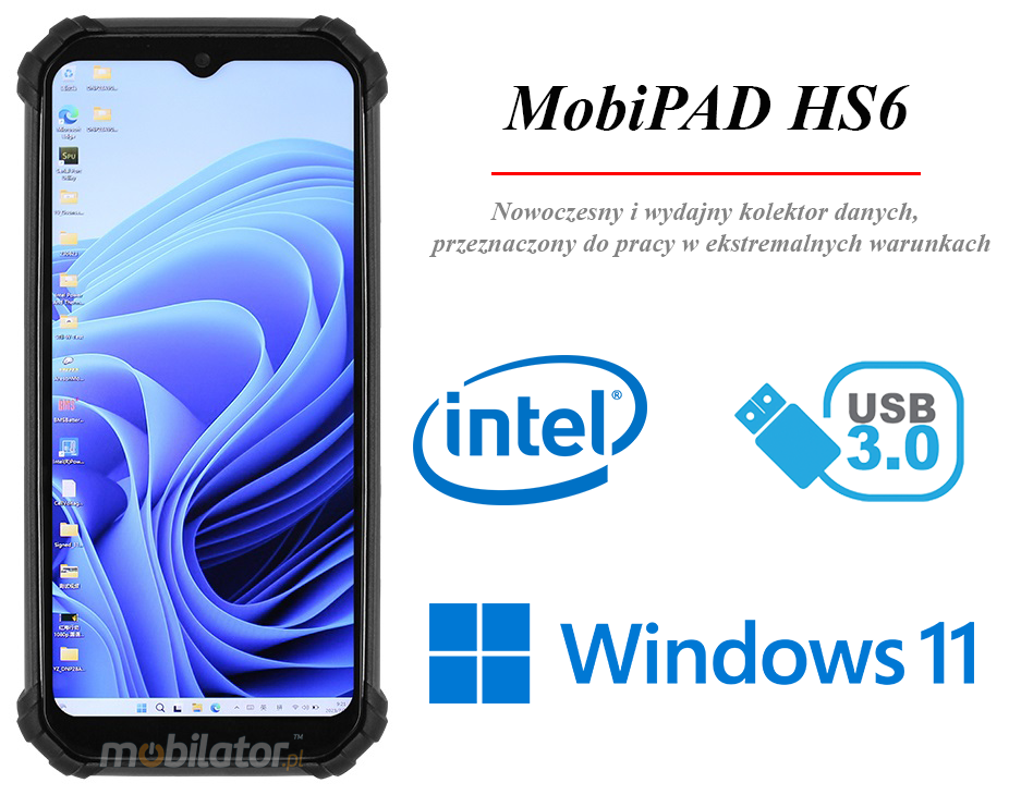 MobiPAD HS6 - Wzmocniony kolektor danych z ekranem dotykowym 6.5 cala, Intel Celeron N100 4x3.4GHz, Windows 11, 8GB RAM, 256GB ROM, GPS, NFC, Bluetooth 5.0, Wifi, IP67, skaner 2D Zebra SE5500, odporny na ekstremalne warunki atmosferyczne