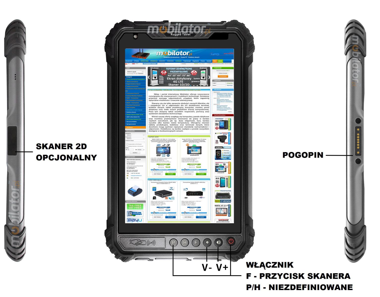 MobiPAD TS9T - mobilny tablet roboczy z NFC, technologi UHF RFID (3-4m) oraz wbudowanym czytnikiem linii papilarnych, norma IP65, pyoodporny i wodoodporny, 8GB RAM, 256GB ROM, 8-rdzeniowy procesor, Android 10, ekran dotykowy 8 cali, 1920x1200, 5G, 4G LTE